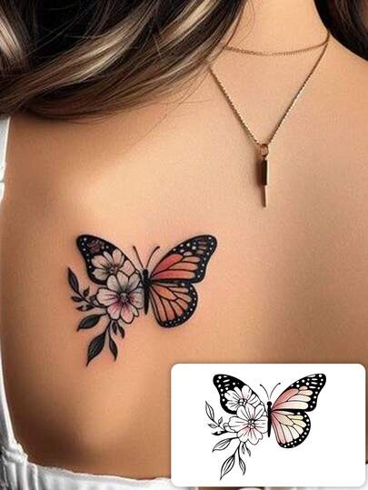 1 miếng dán hình xăm tạm thời thảo dược, giữ màu 7-14 ngày, thiết kế hoa và bướm trừu tượng tối giản, chống thấm nước, phù hợp cho người yêu thích thời trang.
