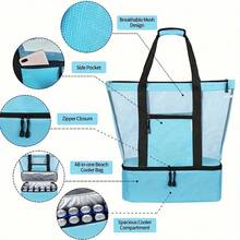 Summer Beach Mesh Tote Bag With Cooler Compartment – Large Picnic Pool Travel Bag - A - View 2