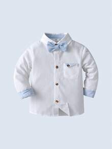 两件套男婴绅士套装 - 长袖白衬衫配领结和背带裤，时尚百搭，适合生日派对、婚礼、一周岁生日庆典等场合。 - 白色 - 查看 5