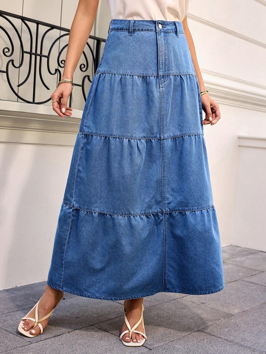 Chân váy maxi denim thanh lịch dành cho nữ ARWY, dáng chữ A, cạp cao, có chi tiết cúc cài, chất liệu không co giãn, thích hợp mặc hàng ngày. - Rửa nhẹ - Xem 1
