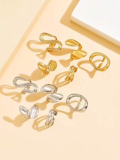 5pcs Geometric Thick Line Open Ring Set, Stainless Steel Minimalist Plain Rings, Waterproof & Fade-Resistant Daily Wear Jewelry For Women