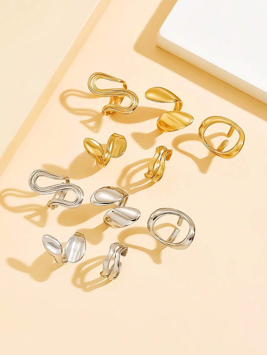 5pcs Geometric Thick Line Open Ring Set, Stainless Steel Minimalist Plain Rings, Waterproof & Fade-Resistant Daily Wear Jewelry For Women - Geometry - View 1