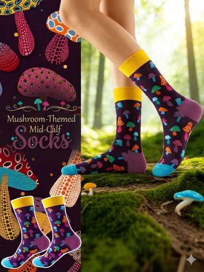 1双女士新款卡通彩色蘑菇系列图案中筒袜，欧美时尚INS风中筒袜，情侣款，四季皆宜，时尚百搭，可赠送家人、朋友和亲戚，适合各种穿着场合。