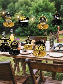 8pcs/4pcs/1pc Black & Gold 2026 Graduation Party Decor Set: Includes "Class Of 2026" Honeycomb Tabletop Centerpiece Decor With Black & Gold Accents. Great As Graduation Party, Celebration & Commencement Season Tabletop Decor, Creative Photo Prop. - Multicolor - View 2