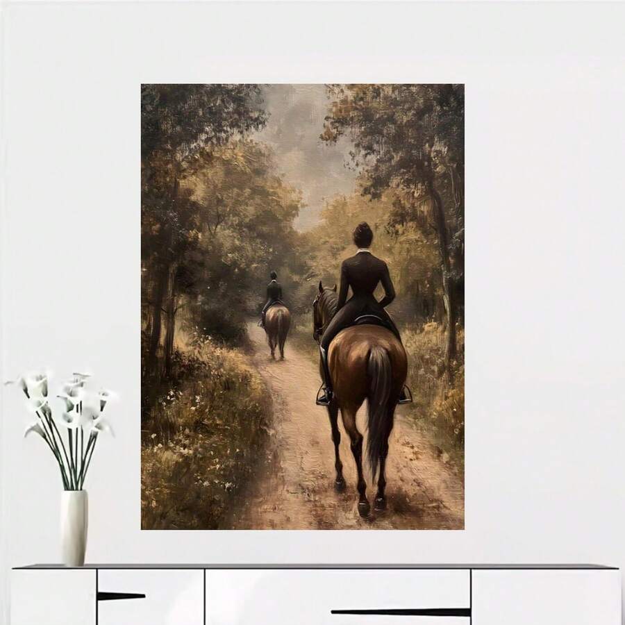1 pieza, Impresión de Arte Mural 2D Sin Marco, 12x16 Pulgadas, Escena Ecuestre Vintage en el Bosque, Decoración para Pasillo Tradicional o Habitación con Estilo Equestre Antiguo, Pintura Divertida en Lienzo para Hogar Dormitorio Cocina Sala Baño, Hotel Café Oficina, Póster Decorativo en Lienzo 2D Plano, Ideal para Decoración de Ambientes - Enmarcado - Ver 1