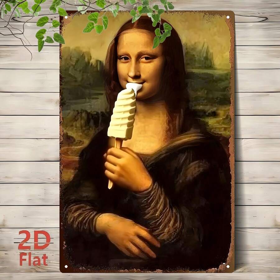 2D Flat, 1pc 2D Flat Vintage Metal Tin Sign, A Tinplate Artwork That Combines The Mona Lisa Painting With Ice Cream To Showcase A Unique Creative Style. 2030cm812inch. The Iron Art Can Be Hung On The Walls Of Bars, Outdoor Spaces, Garages - 1PC - View 1