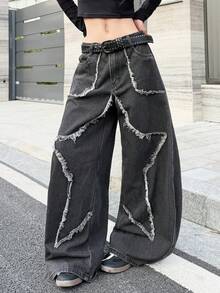 1 pieza Pantalones vaqueros anchos y holgados con bordado de moda callejera japonesa para mujer, pantalones de mezclilla versátiles y cómodos para la primavera (cinturón/accesorios no incluidos) - Negro - Ver 8