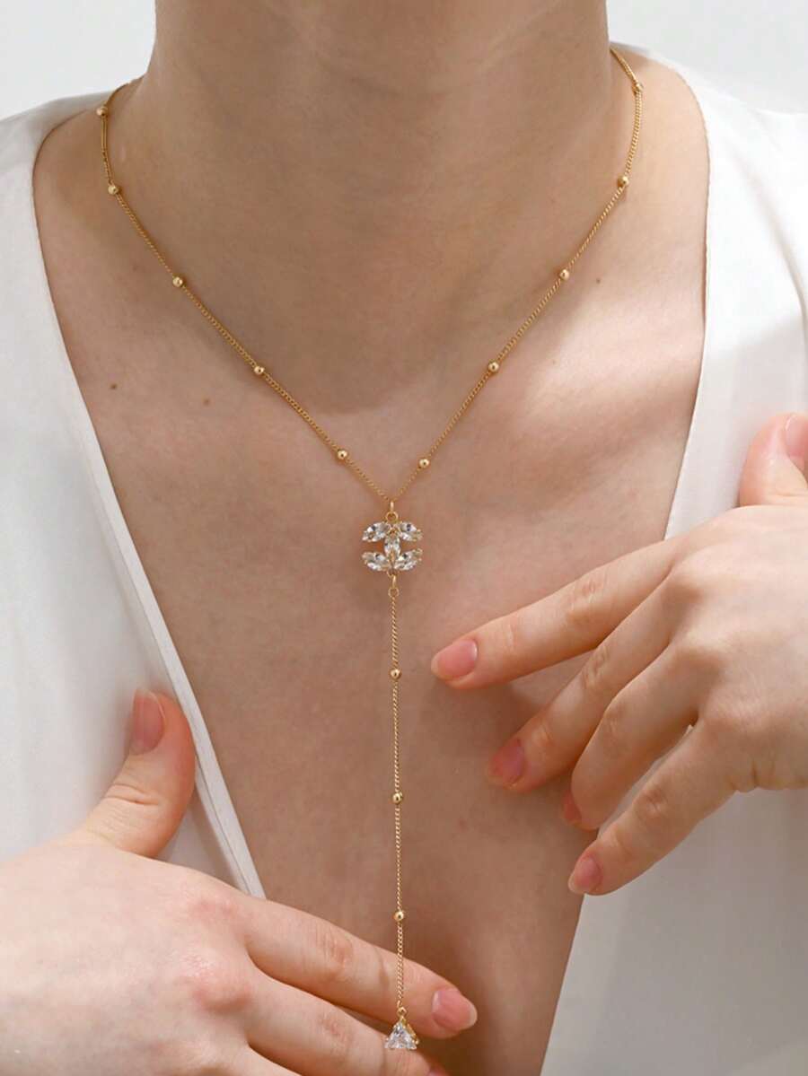 LADYCOCO 1件时尚优雅不锈钢链镶钻吊坠项链，Y字形项链，适合女性佩戴