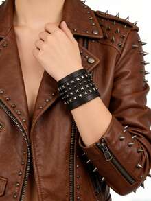 1pc Leather Bracelet, Personalized Rivet Wide Cuff Bracelet, Punk Style Stage Performance Accessory, Unisex, Nightclub Decor, Gift For Boyfriend - Bracelet - View 7