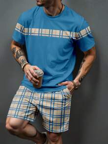 Plus Size Men's Striped Print Round Neck Short Sleeve T-Shirt And Shorts Set Sports Summer - Navy Blue - View 1