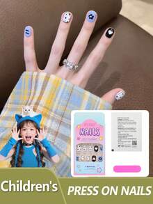 24pcs Kids Short Square Embossed Nail Stickers, Featuring White, Light Blue And Solid Black Contrast Colors, Paired With Simple Cute Patterns Like Hearts, Small Flowers And Polka Dots, Vibrant And Design Specially For Children Kids Nails - Multicolor - View 2