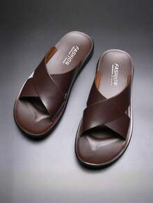 Men's Casual Slide Sandals Faux Leather Cross Strap Open Toe Non Slip Flat Sole Comfort Footwear For Summer Beach Daily Outdoor Wear - 棕色 - 查看 3