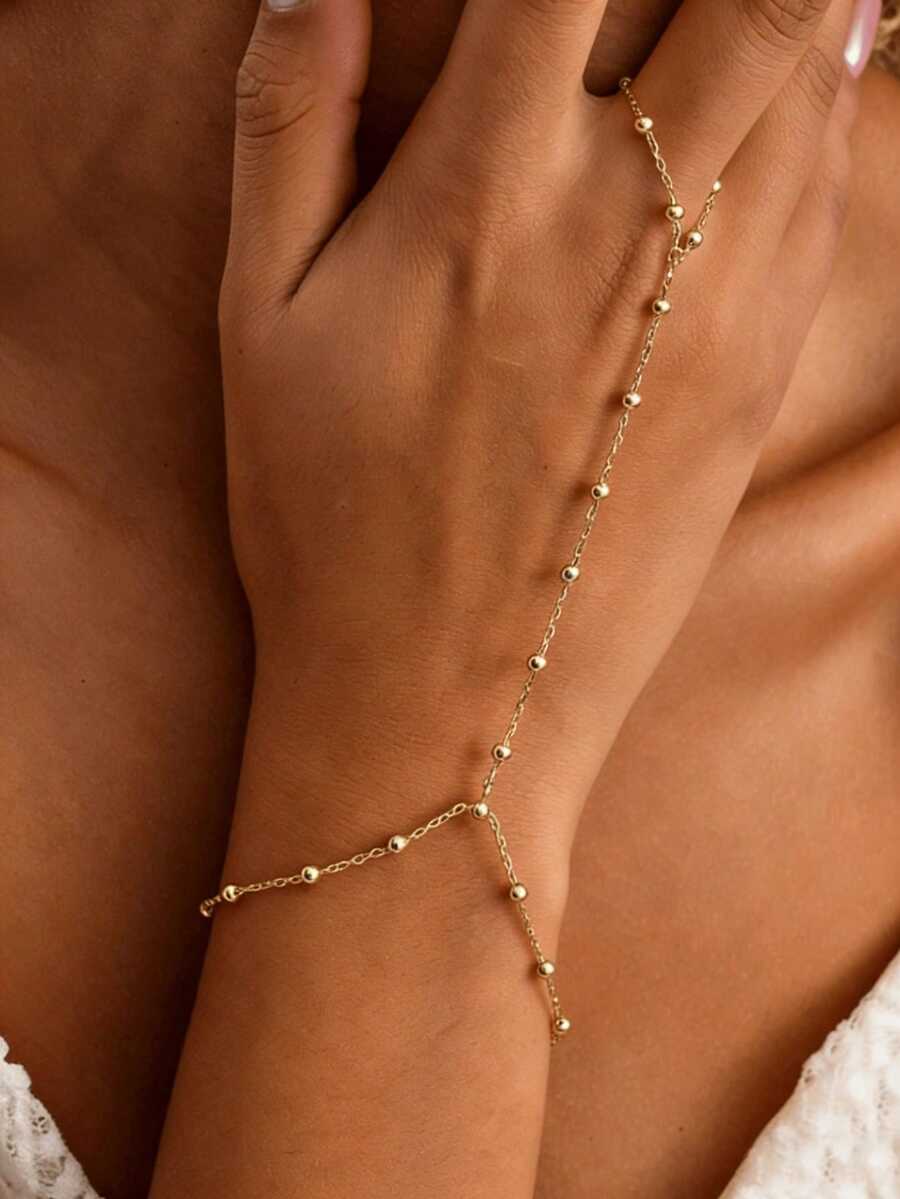 1pc Beaded Chain Linked Finger Hand Chain, Fashion Minimalist Luxury Unique Personalized Hand Accessory Suitable For Girls And Women (Bead Quantity Random) - Gold - View 1