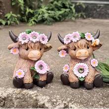 高地牛花环雕像，棕色苏格兰高地牛雕像花盆，乡村风格动物牛树脂装饰品，非常适合室内房间、露台和阳台。 - A - 查看 5