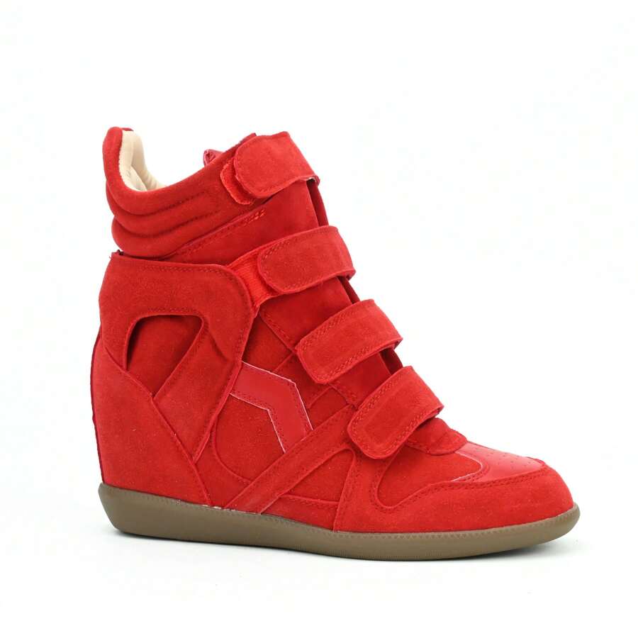 Women's 7cm High Top Hidden Wedge Sneakers. Suede Upper With Triple Straps, Retro Style, Comfy For Campus, Casual & Dressy Wear. - 紅色 - 查看 1