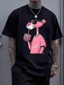 Figura de una pantera rosa relajada bebiendo té de burbujas transmitiendo alegría confianza y actitud positiva ideal para quienes disfrutan la vida y buscan un toque divertido y moderno camiseta de hombre 100% algodón cómoda y de alta calidad adecuada para uso diario y reuniones casuales - Negro - Ver 8