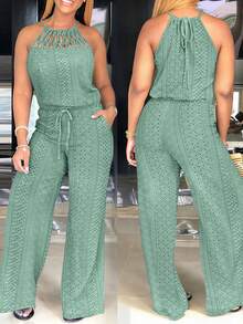 ChicMe Mono de mujer con tirantes finos, encaje y estampado jacquard, mono de pierna ancha con escote cruzado hueco, adecuado para verano, diario, vacaciones y uso en la calle - Verde - Ver 5