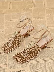 Square Toe Breathable Mesh High Heel Sandals For Women, Summer Slip-On Mule Sandals - Brown - View 1