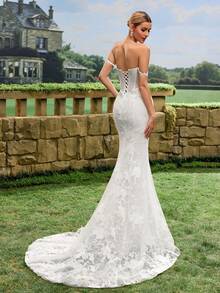 性感优雅仿珍珠亮片薄纱蕾丝美人鱼尾露背婚纱 - 白色 - 查看 8