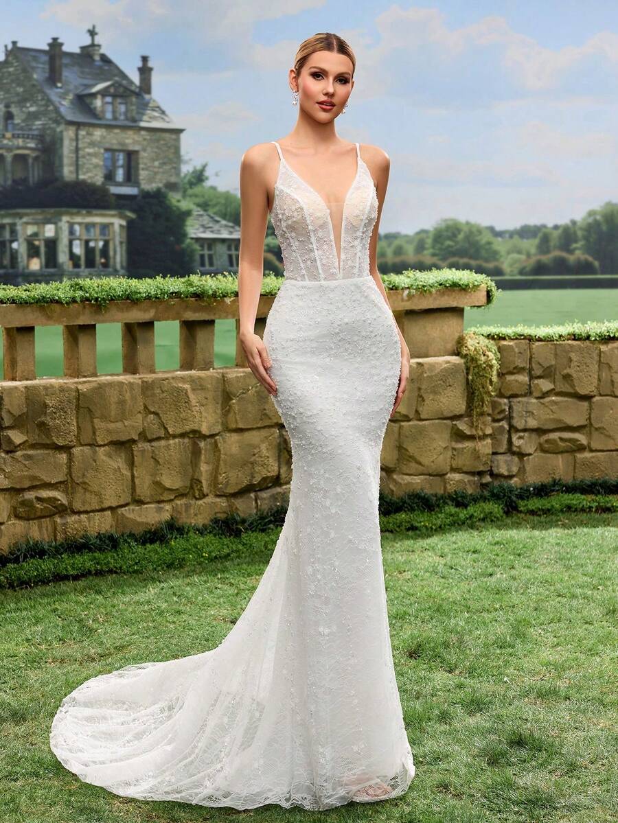 Vestido de novia elegante y ajustado de unicolor con encaje de espina de pescado, primavera