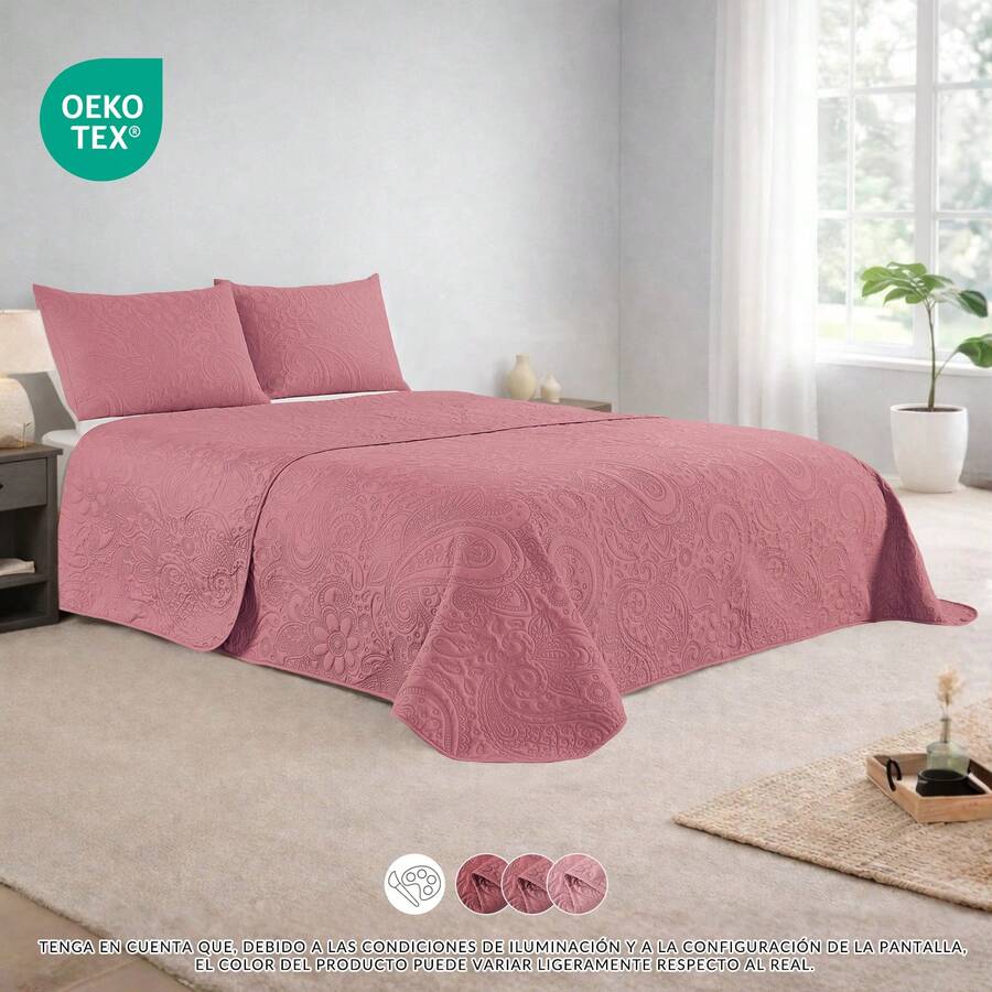 Quilted Plain Bouti Bedspread Set With Embossed Pattern | 4 Colors And 5 Sizes Available - 90/105/135/150/180cm - | Easy Care | Free Shipping - Watermelon Pink - View 1
