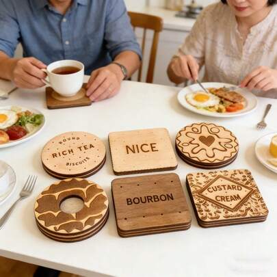 6pcs Classic Wooden Coasters | Bourbon Whiskey, Custard Cream, English Breakfast Tea, Jam Sandwich Biscuit Decorated Coasters - Handmade Wooden Home Decor - Housewarming Gift - Decorative Plaques And Ornaments