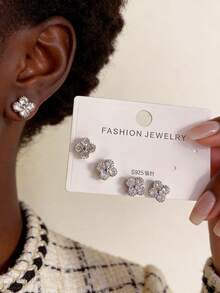 Bộ 3 đôi/1 bộ khuyên tai hình cỏ bốn lá sang trọng bằng bạc 925, phụ kiện thời trang hàng ngày dành cho nữ, thích hợp làm quà tặng ngày Valentine. - Bạc - Xem 6