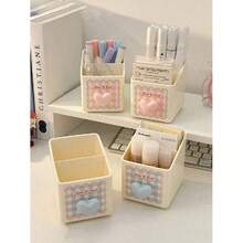 1pc Desktop Stationery Storage Box, Dual-Layer Design, Heart Pattern, Pen Holder, Large Capacity Makeup Brush Organizer, Suitable For Storing Stationery, Pens, Rulers, Great For Students Back To School And Office Supplies, Christmas Gift, Gift For Friends - Blue - 查看 7