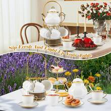 20 Pcs Porcelain Tea Set With Metal Holder, European Ceramic Tea Set For Adults, Tea Set Gift For Party (White) - White - View 12