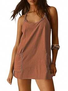 Women Athletic Mini Dresses Built-In Shorts Set Summer Sleeveless Sundress Hot Shot Mini Dress - Rust Brown - View 4