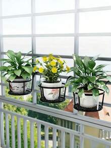 Estantería colgante de macetas de flores de hierro forjado con ganchos, soporte colgante de cestas de plantas de metal, estantería colgante de flores, adecuada para vallas, patios, balcones y plantas de exterior; estantería de barandilla de hierro redonda para macetas de suculentas y plantas verdes de balcón - A - Ver 2