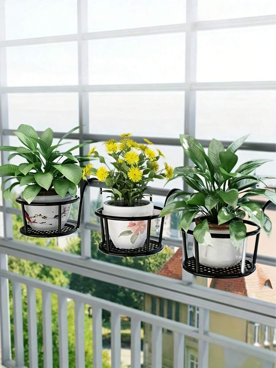 Estantería colgante de macetas de flores de hierro forjado con ganchos, soporte colgante de cestas de plantas de metal, estantería colgante de flores, adecuada para vallas, patios, balcones y plantas de exterior; estantería de barandilla de hierro redonda para macetas de suculentas y plantas verdes de balcón