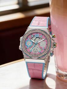 GUESS Fusion 女士 36 毫米金色粉色皮革表带日期显示腕表 GW0553L5 - 粉色 - 查看 1