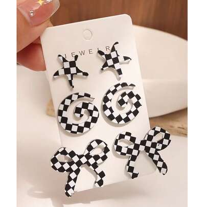 6 đôi bông tai thời trang đen trắng kẻ caro hình sao biển, nơ, hoa, cỏ ba lá, giọt nước, thích hợp để đeo hàng ngày.