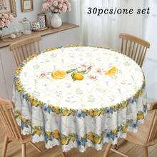 1pc Spring/Summer Lemon Floral Tablecloth, Spring Printed Tablecloth, Yellow Theme Design, Pastoral Style, Polyester Round/Rectangular Tablecloth, Spring Decor, Indoor/Outdoor Dining Table Decor, Ideal For Wedding And Holiday Home Decoration - Multicolor - View 10