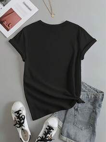 Camiseta con Estampado de Carta para el Día de la Madre, Manga Corta y Cuello Redondo, Top Casual para Verano y Primavera, Ropa de Mujer - Negro - Ver 2