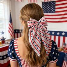 2pcs American Independence Day/Memorial Day, America 250th Anniversary Hair Accessories - Women's Striped & Star Print Chiffon Long Bow Scrunchies, Ponytail Clips, Suitable For Independence Day, Holiday Parties, Daily Wear, Boho Accessories,Summer,Travel - Multicolor - View 7
