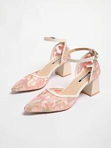 New Chinese Style White High Heel Mules, Pointed Toe Lace Embroidery Convertible Sandals For Women,Summer Shoes - Pink - View 4