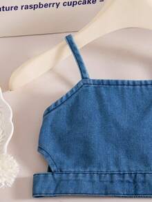 Bộ đồ denim dễ thương cho bé gái mùa hè: Áo hai dây và quần short có nơ. - Màu xanh lam - Xem 8