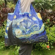 Large Capacity Art Print Tote Bag | Aesthetic Oil Painting Canvas Bag | Reusable Foldable Shoulder Shopping Bag - Sky - View 2