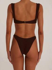Bộ bikini tam giác cạp cao tối giản màu trơn dành cho nữ, gồm 2 mảnh, thích hợp cho kỳ nghỉ hè ở bãi biển. - Màu nâu Sô-cô-la - Xem 4