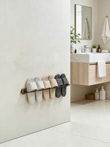 1pc No-Drill Wall-Mounted Slippers Rack, Natural Wood & Metal Bathroom Slippers Storage Rack, Space-Saving Shoe Organizer - Multicolor - View 7