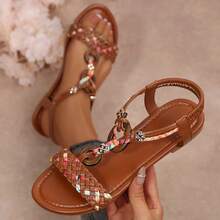 Comfort Walking Colorful Woven Braided Bohemian Sandals For Women Summer Beach Shoes Flats - 棕色 - 查看 5