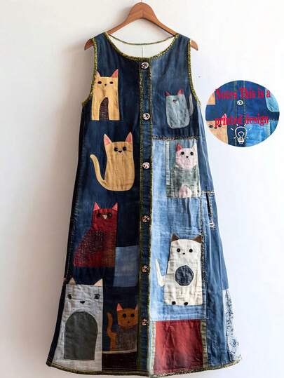 Plus Size Animal Illustration Print Sleeveless Vacation Dress Elegant