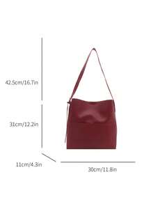 Bolso de hombro de PU de unicolor retro y versátil, bolso de cubo minimalista casual con textura - Rojo - Ver 2