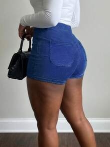 Women's Basic Mid-Waist Skinny Denim Shorts, Slim Fit Minimalist Hotpants - Dark Wash - View 3