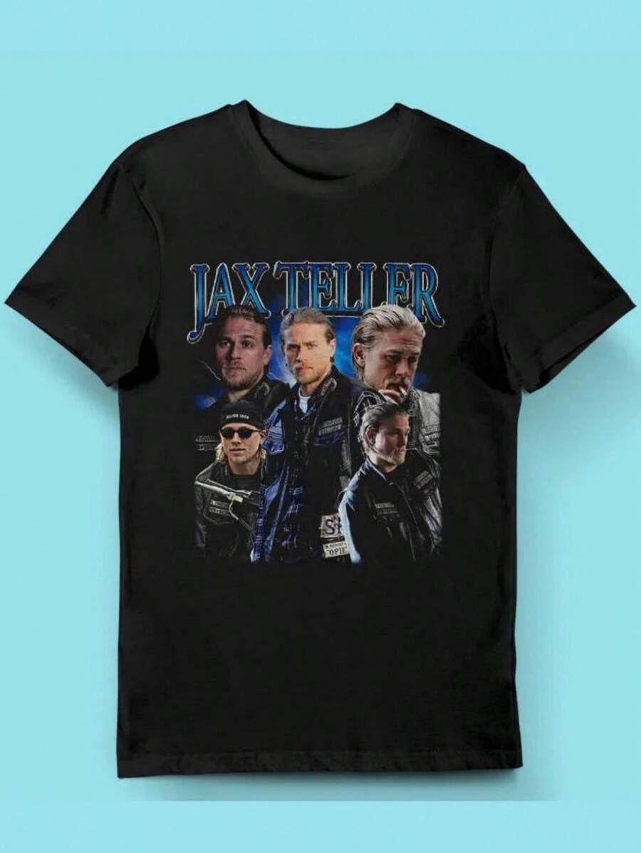 Camiseta retro para hombre con estampado de "Sons of Chaos" y Jack Taylor - camiseta de drama televisivo sobre motocicletas con estampado del personaje principal, suave, transpirable, 100% algodón, de corte holgado y manga corta, adecuada para los fans en todas las estaciones, ropa casual y artículos periféricos de la serie, lavable a máquina, costura de doble aguja, estilo retro, regalo perfecto para cumpleaños y días festivos, cuello redondo negro, diseño con el logo de Jack Taylor y "Sons of Chaos". - Negro - Ver 1