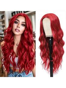 BigTrse Peluca larga ondulada de color rosa de 26 pulgadas con raya al medio para mujeres, peluca ondulada y rizada de aspecto natural de fibra sintética resistente al calor para uso diario y fiestas - Multicolor - Ver 14