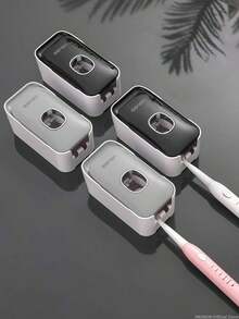MENGNI 1pc Wall Mounted Automatic Toothpaste Dispenser With Toothbrush Holder Bathroom Accessories Set Home Bathroom Decor Fall Decor Back To School - 灰色的 - 查看 3