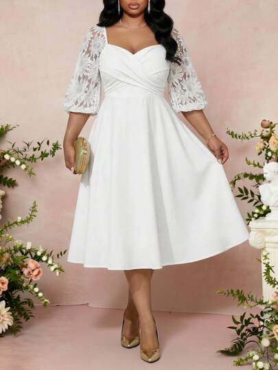 Fleurora 大码纯色长袖连衣裙，简约时尚，适合夏季复活节、毕业典礼、婚礼宾客、商务休闲等场合。